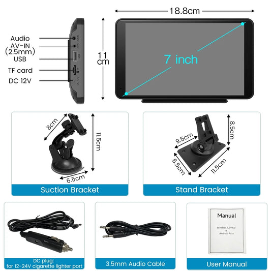 7"Touch Screen Portable Car Stereo for Wireless Apple Carplay Android Auto, Built in Multimedia Player Audio, Bluetooth Handsfree,Gps,Mirror Link