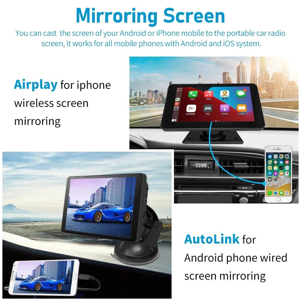 7"Touch Screen Portable Car Stereo for Wireless Apple Carplay Android Auto, Built in Multimedia Player Audio, Bluetooth Handsfree,Gps,Mirror Link