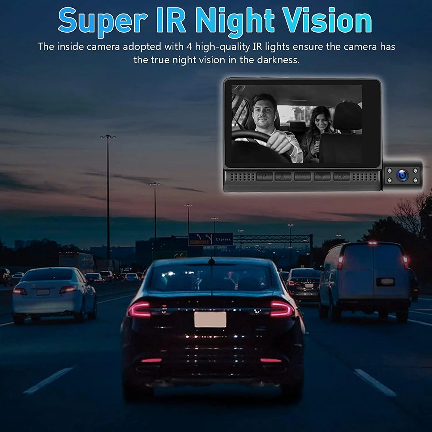 4'' Touch Screen 1080P 3 Channel Dash Cam Front Rear and inside Three Way Triple Dash Camera Recorder for Cars IR Night Vision G-Sensor Loop Recording DVR