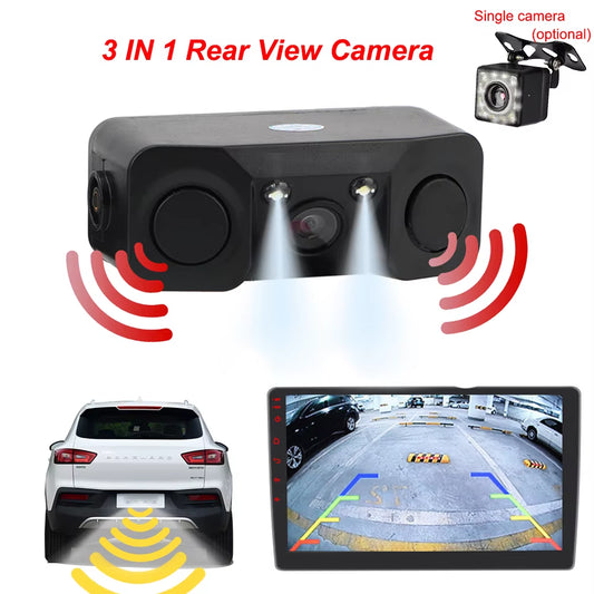 12V Car PDC 3 in 1 Rear View Camera Parking Sensor Radar Set License Plate Lights Distance Control Parktronic System Universal