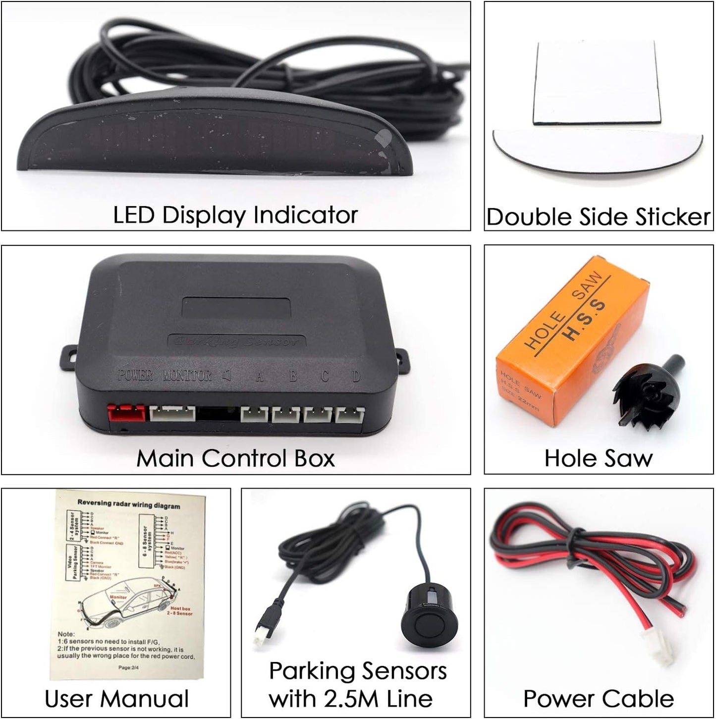 Car Auto Vehicle Visual Reverse Backup Radar System with 4 Parking Sensors LED Distance Detection Display Info Video Output Beep Sound Warning (Black Color)