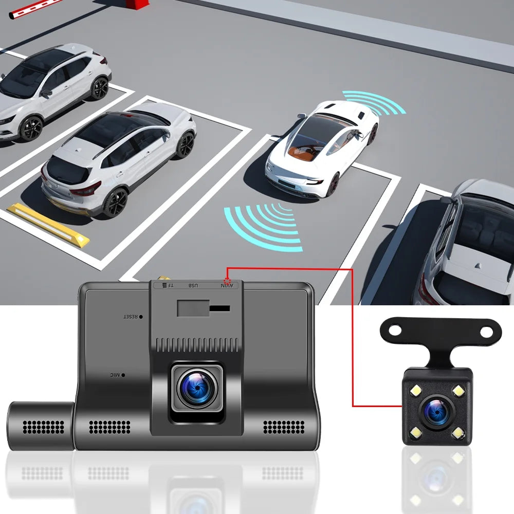 4'' Touch Screen 1080P 3 Channel Dash Cam Front Rear and inside Three Way Triple Dash Camera Recorder for Cars IR Night Vision G-Sensor Loop Recording DVR