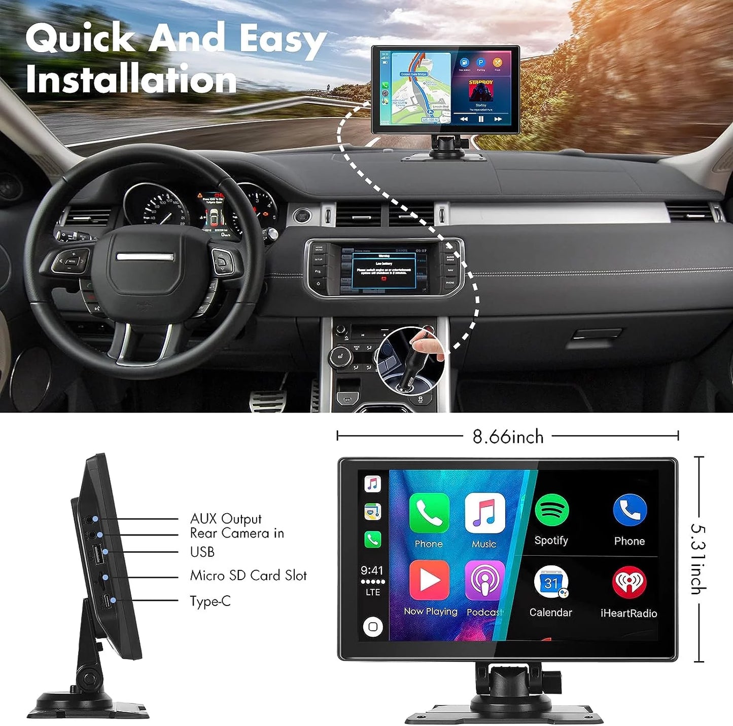 Portable Car Stereo, Wireless Apple Carplay&Android Auto, 9 Inch FHD Touchscreen Car Audio Receivers Bluetooth, Backup Camera, Voice Control, GPS Navi, Mirror Link, FM, AUX/USB/TF