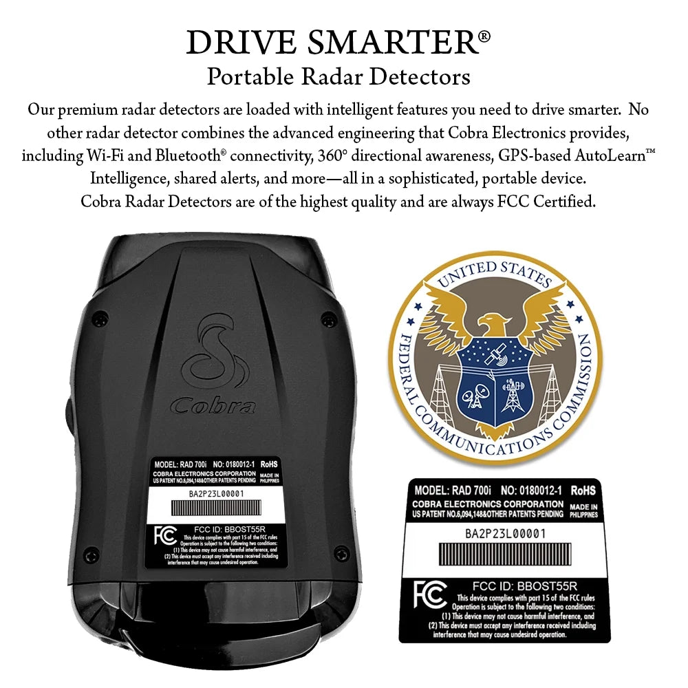 Cobra RAD 700I Laser Radar Detector - Premium Detection Range, Autolearn Intelligence, Advanced Filtering, Apple Carplay & Android Auto, Front & Rear Detection