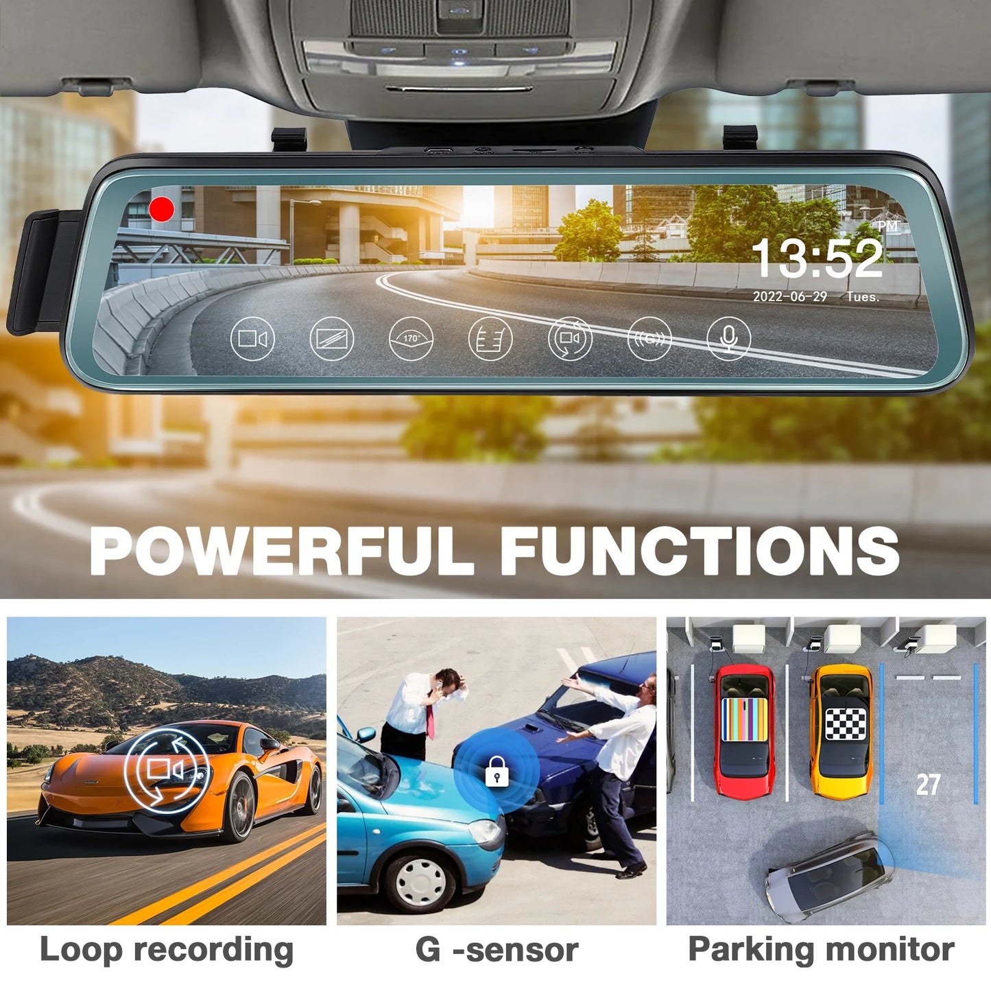 10 Inch Touch Screen Car Camera 10" Rearview Mirror FHD 1080P Dash DVR Cam Backup Camera Night Vision Front and Rear Dual Lens Video Recorder Reversing