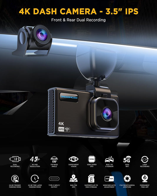 Dash Cam Front and Rear, 4K/2.5K Dual Dash Camera for Cars, 32GB Card Included, Dashcam Built-In Night Vision, 3.5" IPS, 5G Wifi & GPS, G-Sensor, 170° Wide Angle, WDR, 24H Parking Mode