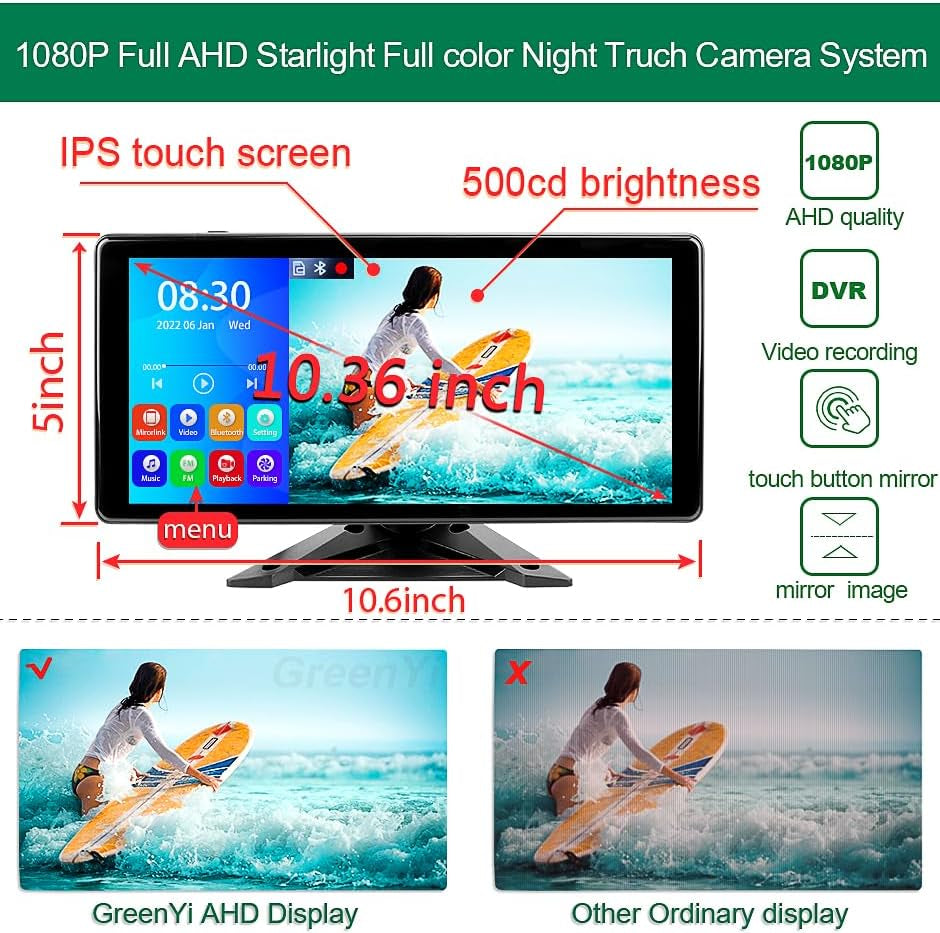 Car Backup Cameras System with 4K 10.36" Touch Screen Quad Display Monitor & 4Pcs 1080P Backup AHD Cameras, MP5 Player, Vehicle DVR Recorder for Rv/Truck/Bus/Trailer/Camper/Van
