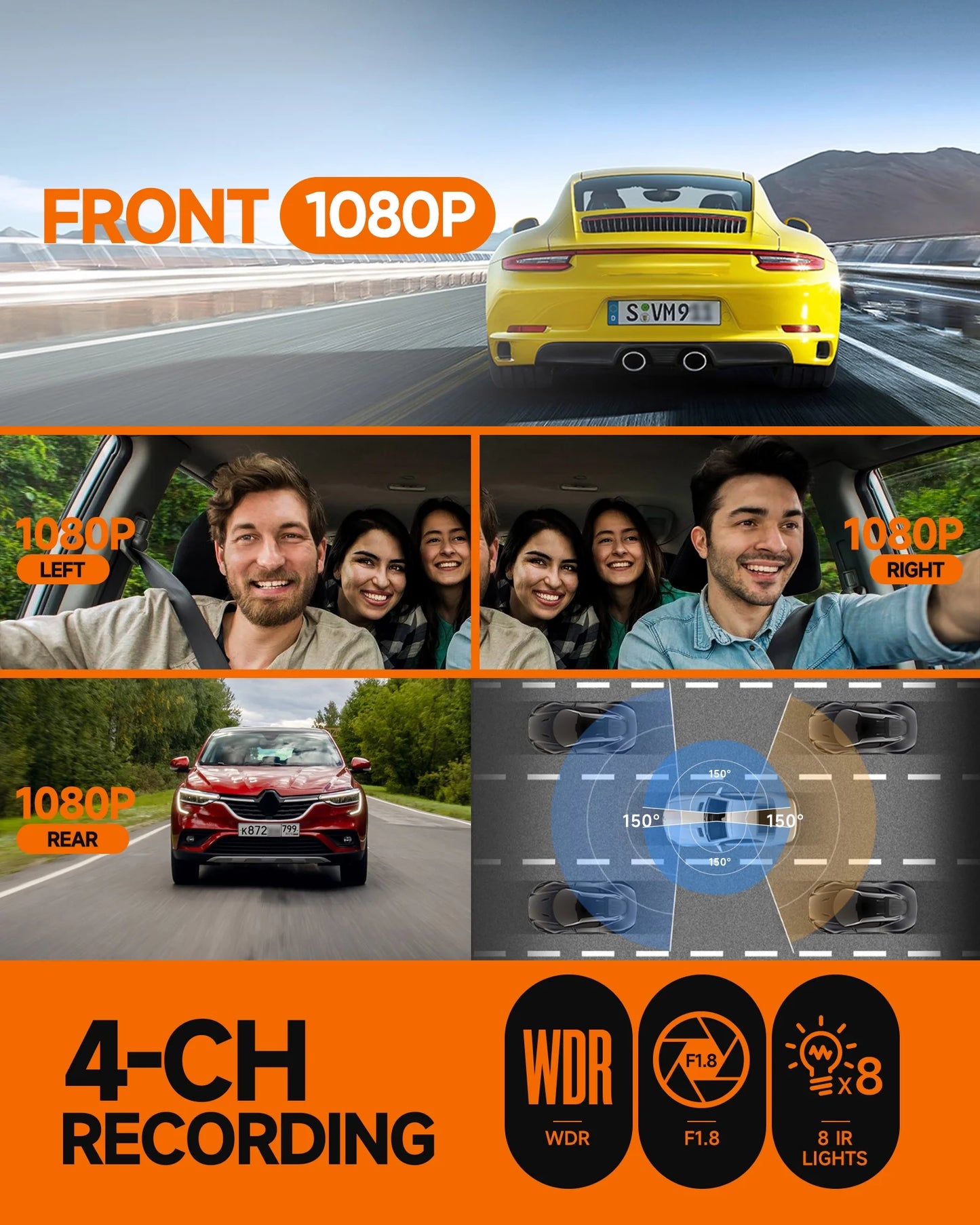 GPS Dash Cam Front and Rear Inside,4K/2K Dashcam with Wi-Fi&App Voice Control, 4 Channel FHD Dash Cam,360° Car Camera with 64GB Card, Loop Recording, Parking Mode,Night Vision
