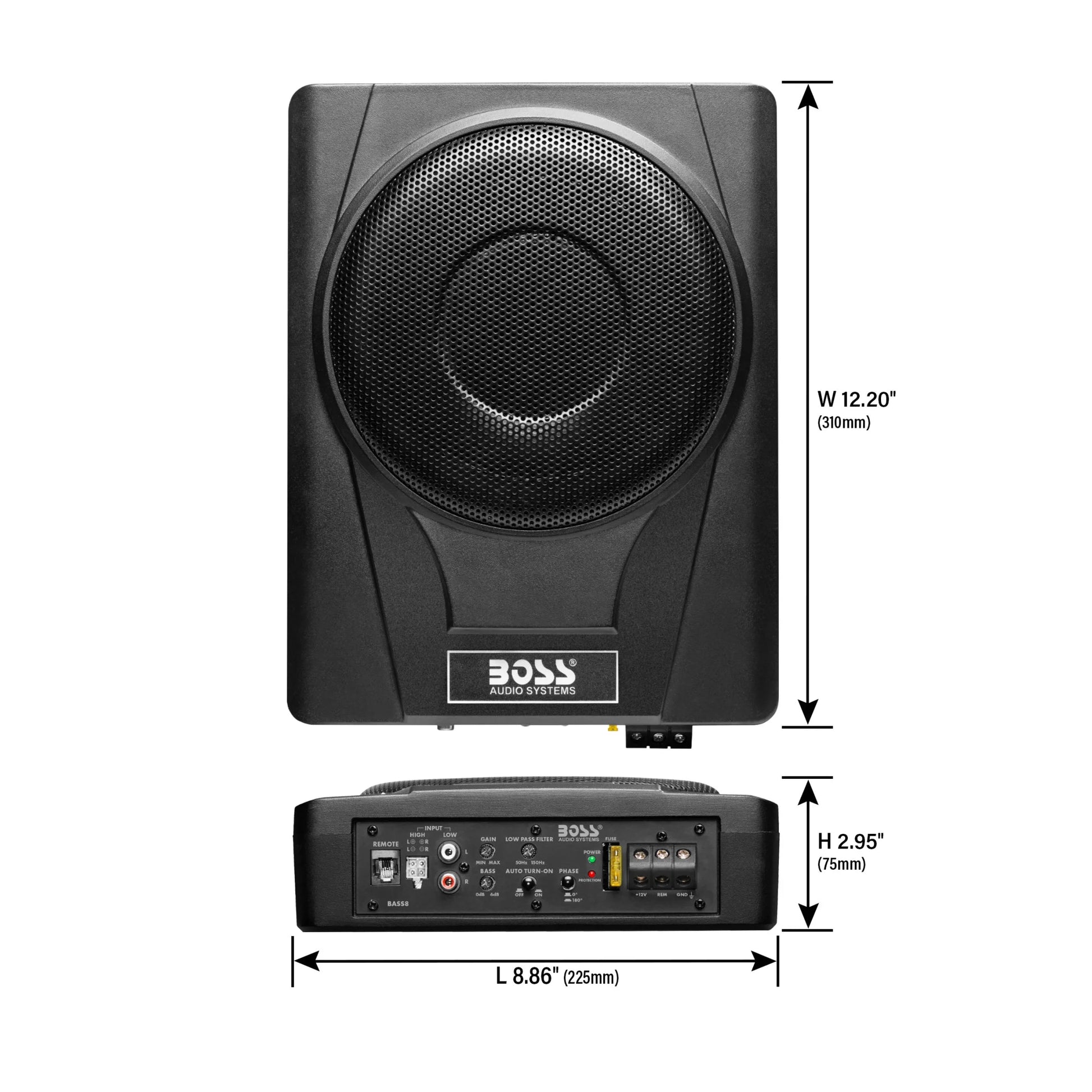 BASS8 8 Inch Powered under Seat Car Subwoofer – 800 Watts Max, Single 4 Ohm Voice Coil, Built-In Amp, Remote Subwoofer Control, Sold Individually
