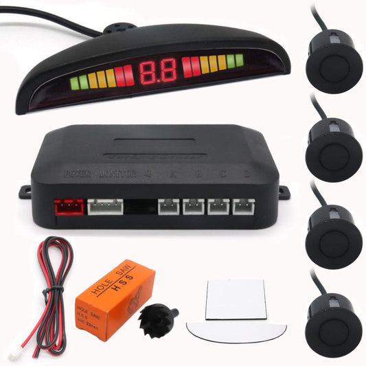 Car Auto Vehicle Visual Reverse Backup Radar System with 4 Parking Sensors LED Distance Detection Display Info Video Output Beep Sound Warning (Black Color)