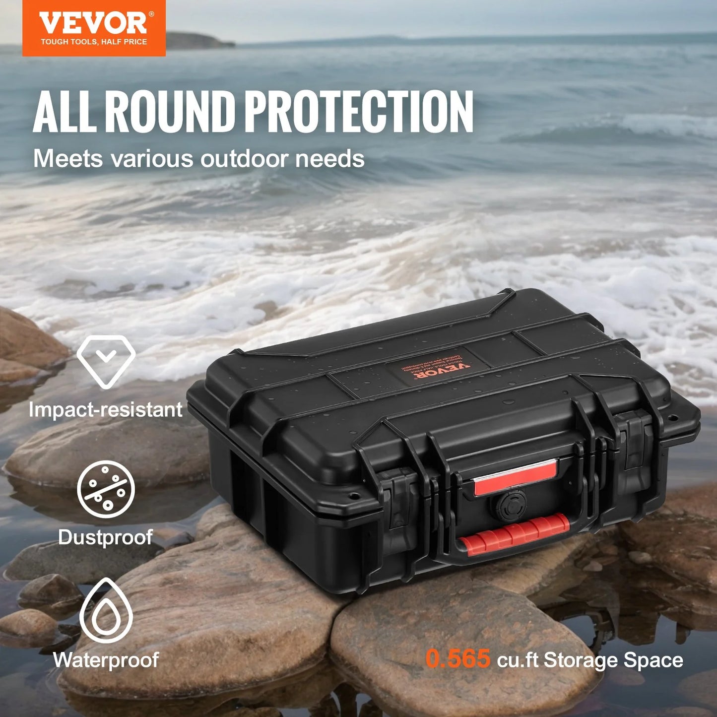 VEVOR 0.56 Cu.Ft Weatherproof Hard Case with Handle Clips Padlock Holes PU Foam Protect Pistol, Microphone, and Camera Equipment