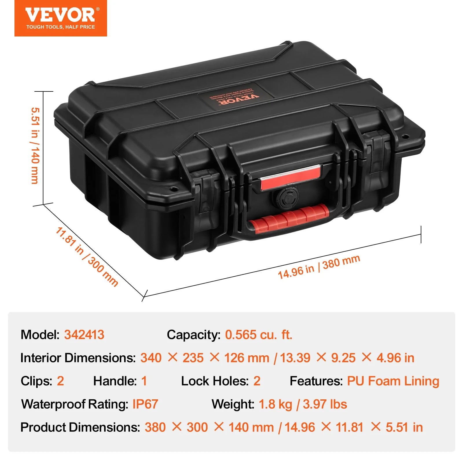 VEVOR 0.56 Cu.Ft Weatherproof Hard Case with Handle Clips Padlock Holes PU Foam Protect Pistol, Microphone, and Camera Equipment