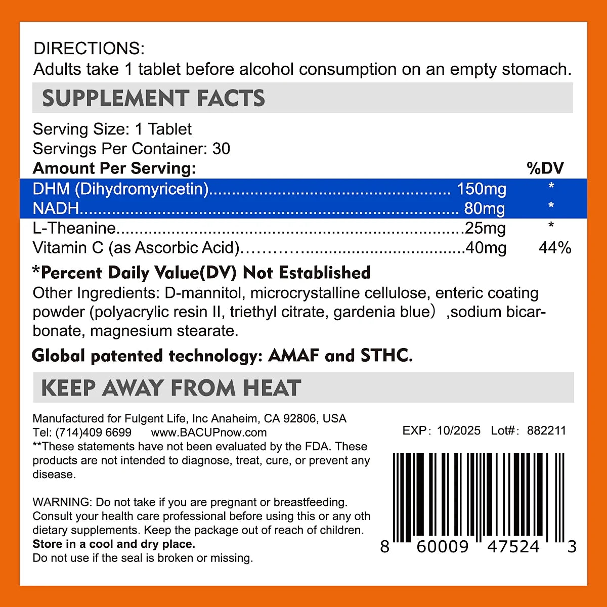 Scientific NADH for a Better Tomorrow, the Best Sober Way (30 Servings/Bottle)