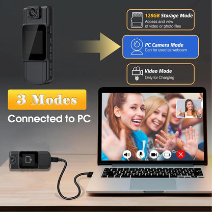128GB 180° Rotate Mini Body Camera - 1080P Wearable Camcorder with Night Vision - Long Battery Life Audio Video Camera for Daily Records