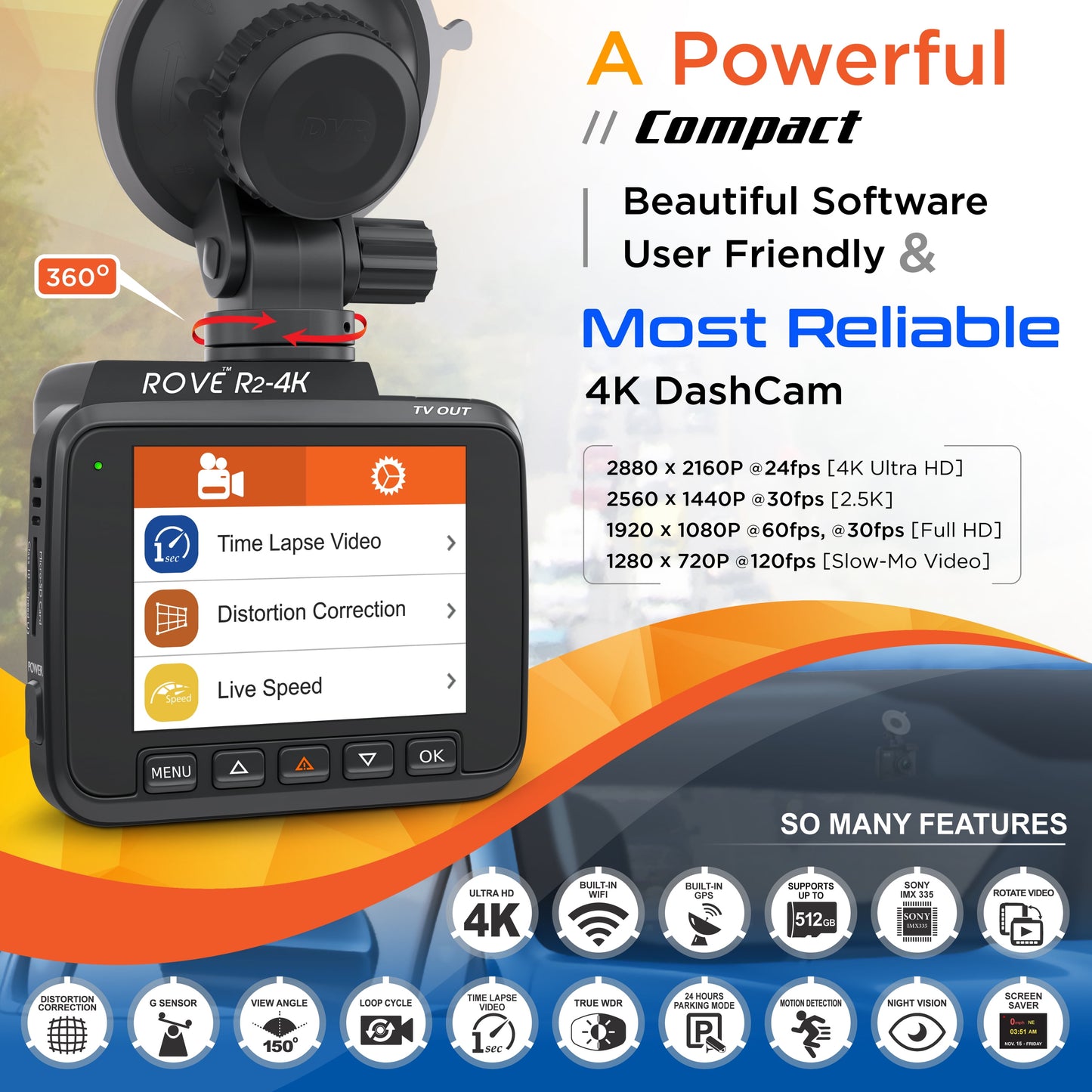 R2-4K Car Dash Cam - UHD 2160P Dashboard Camera with Built-In WiFi, GPS, 2.4" LCD Display, 150° Wide Angle, WDR, and Night Vision
