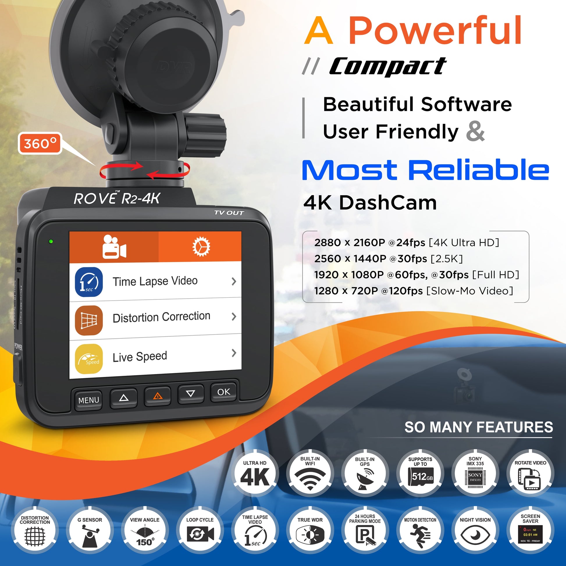 R2-4K Car Dash Cam - UHD 2160P Dashboard Camera with Built-In WiFi, GPS, 2.4" LCD Display, 150° Wide Angle, WDR, and Night Vision