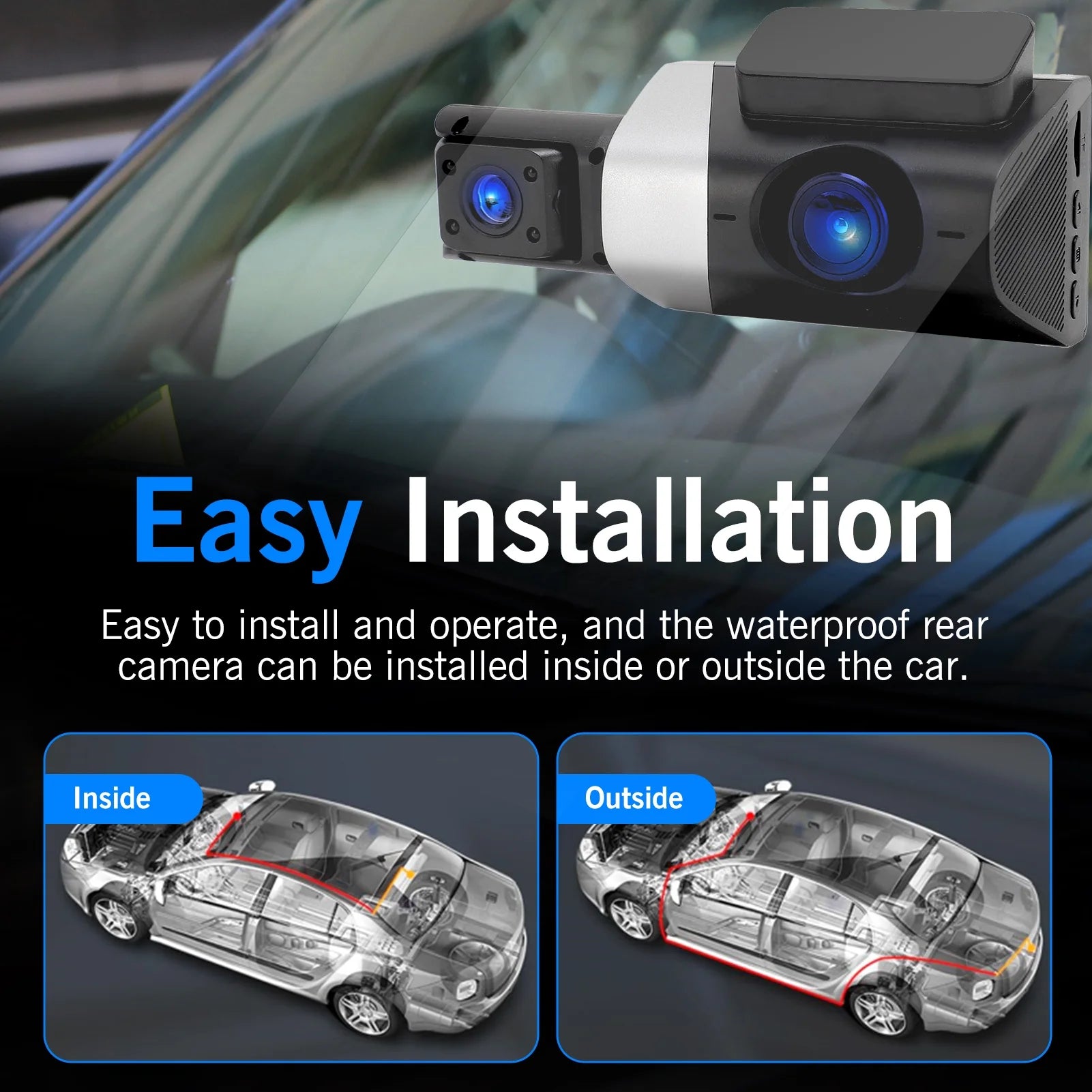 3 Channel Dash Cam Front and Rear, 1080P Dash Camera for Cars, 3" IPS Screen Three Way Dashcam with Night Vision, G-Sensor, Loop Recording, 24Hr Parking, DVR, Support 32GB Card