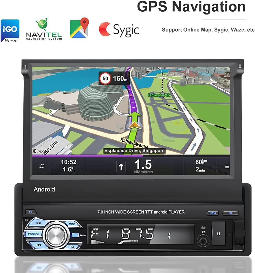 [2G+32G] Android Single Din Car Stereo with Backup Camera 7 Inch Touch Screen Flip Out Retractable Bluetooth Car Radio