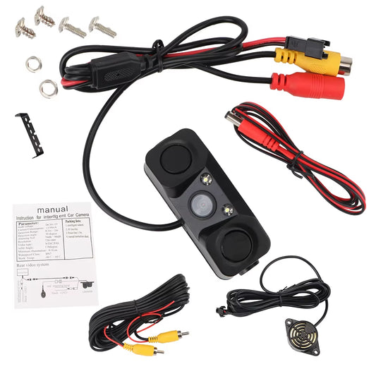 12V Car PDC 3 in 1 Rear View Camera Parking Sensor Radar Set License Plate Lights Distance Control Parktronic System Universal