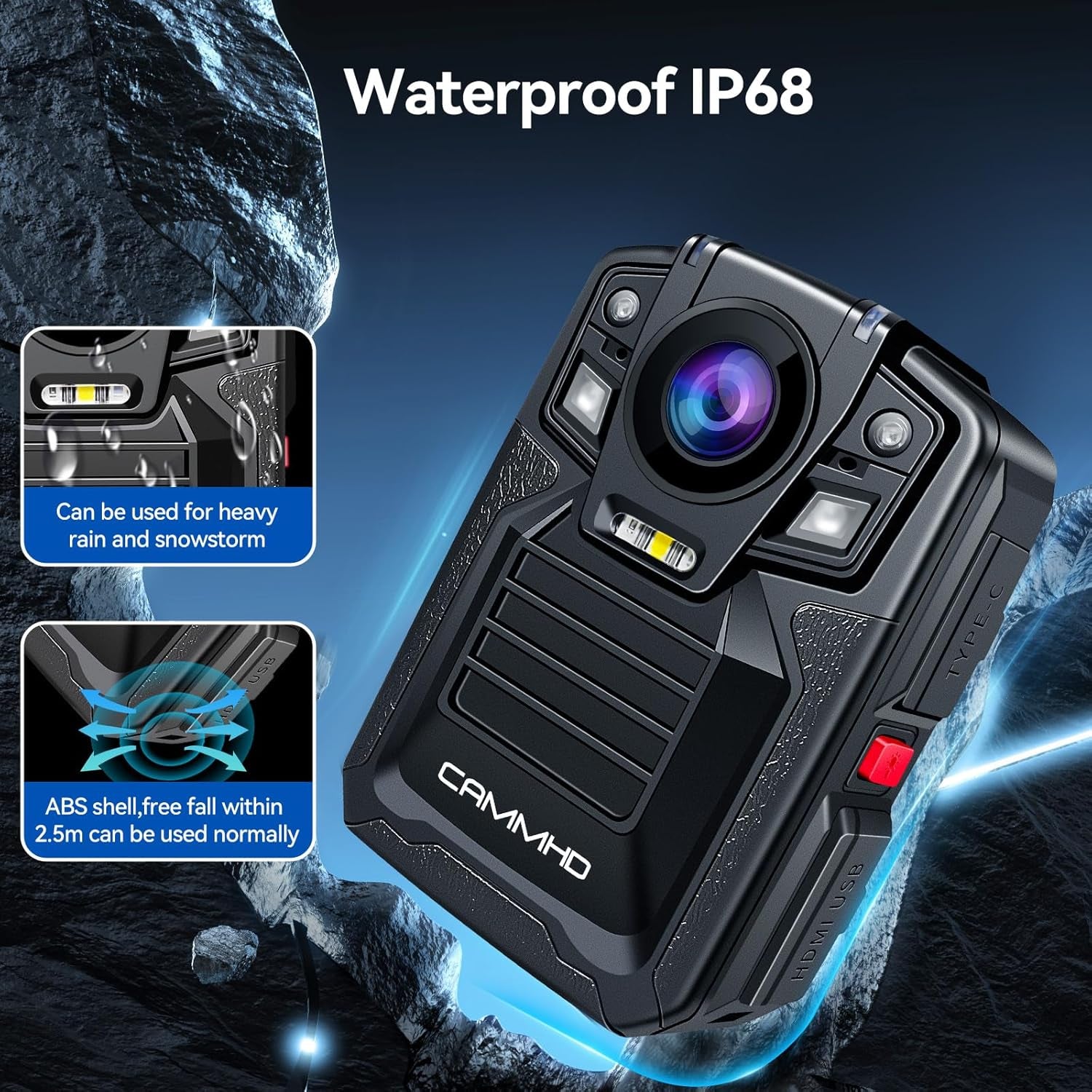 V8-1TB 4K Body Camera with Audio and Video Recording, 2160P Body Cam Two Battery 4400Mah Work 14H, H.265 Video Recorder, IP68 Waterproof, Night Vision Police Body Camera with Charging Dock
