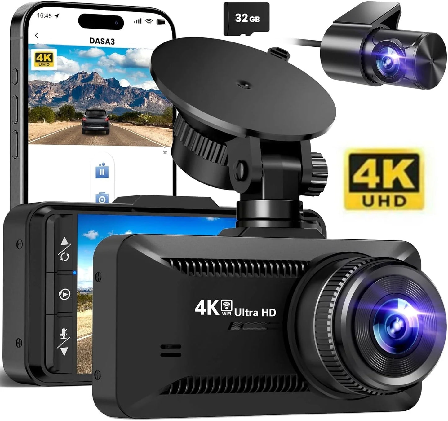 Dash Cam Front Rear 4K/1080P, Full HD Dash Cam with APP Control,Cars Build in Wifi, 3.94‘’IPS Screen Dash Camera with 32GB SD Card, G-Sensor, WDR, 24Hr Parking Mote, Loop Recording