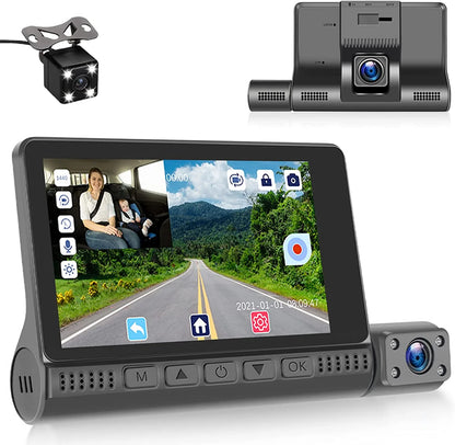 4'' Touch Screen 1080P 3 Channel Dash Cam Front Rear and inside Three Way Triple Dash Camera Recorder for Cars IR Night Vision G-Sensor Loop Recording DVR
