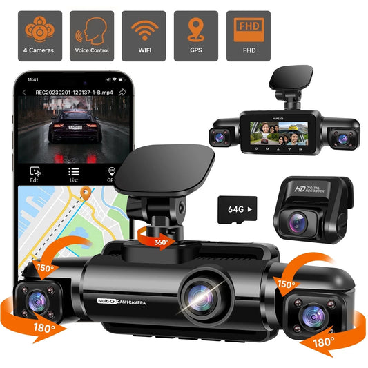 GPS Dash Cam Front and Rear Inside,4K/2K Dashcam with Wi-Fi&App Voice Control, 4 Channel FHD Dash Cam,360° Car Camera with 64GB Card, Loop Recording, Parking Mode,Night Vision