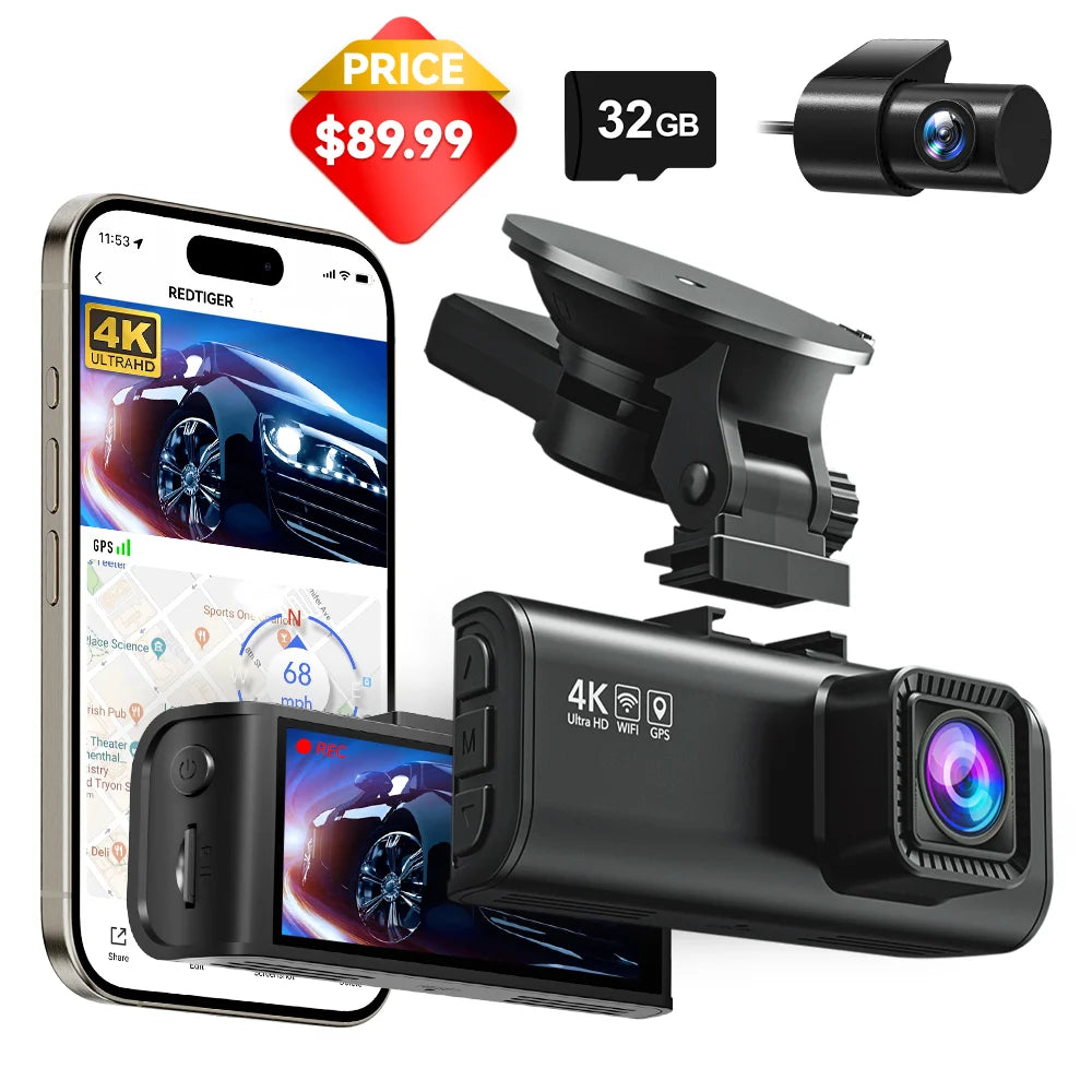 F7NP Dash Cam Front and Rear, 4K/2.5K Full HD Car Camera, 3.16” IPS Screen, Dash Cam for Cars Built-In Wi-Fi GPS, Night Vision, Loop Recording, Vehicle, Parking Mode, Free 32GB Card