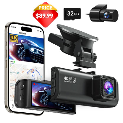 F7NP Dash Cam Front and Rear, 4K/2.5K Full HD Car Camera, 3.16” IPS Screen, Dash Cam for Cars Built-In Wi-Fi GPS, Night Vision, Loop Recording, Vehicle, Parking Mode, Free 32GB Card