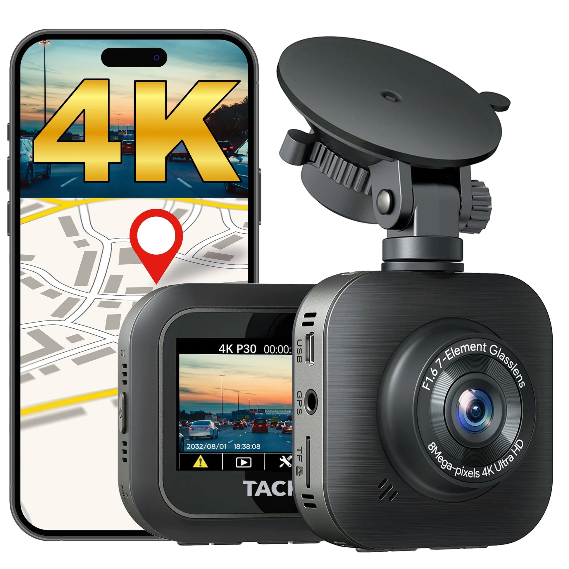 Tacklife 4K Car Dash Cam, Front Dashcam with Wifi & GPS, 2" IPS Screen, 170° Wide Angle, Loop and Emergency Recording, Parking Monitor, G-Sensor, WDR