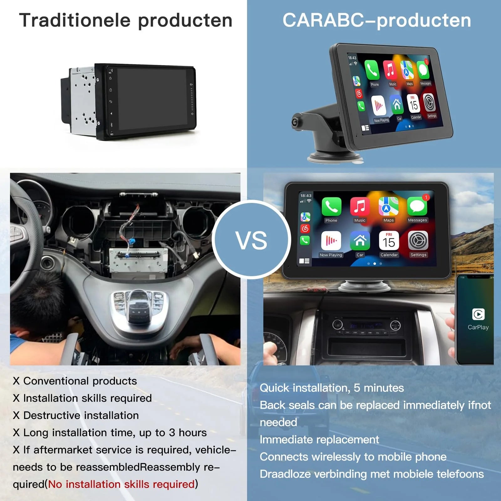 D7 Pro Portable Wireless Car Stereo with 7" Touchscreen, Carplay, Android Auto, Rear Camera