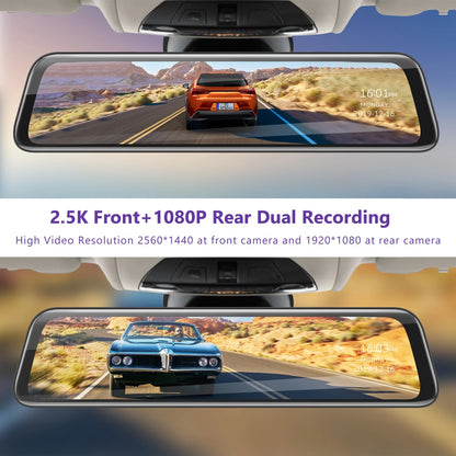 2.5K Mirror Dash Cam for Car, Dual Dash Camera Front and Rear 10" Full Touch Screen, Rear View Mirror Camera, 1080P Waterproof Backup Camera, Parking Assist, Loop Recording, G-Sensor