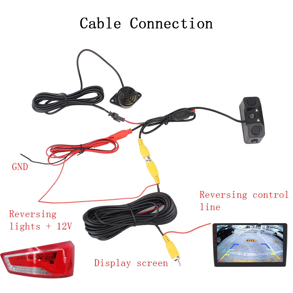 12V Car PDC 3 in 1 Rear View Camera Parking Sensor Radar Set License Plate Lights Distance Control Parktronic System Universal