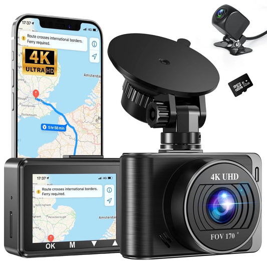 4K Dash Cam with Wi-Fi, Rear 1080P Camera, 2" IPS Screen, WDR, Night Vision, Loop Recording, G-Sensor, Parking Mode – Includes 32GB SD Card, Easy Install