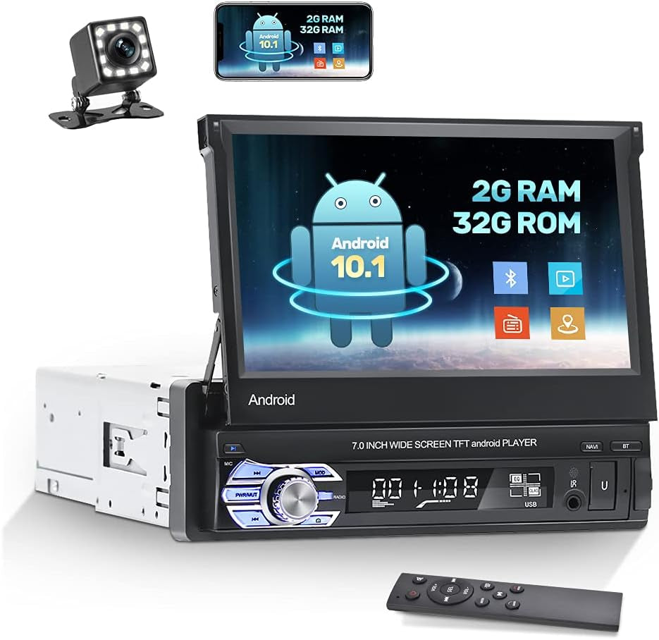 [2G+32G] Android Single Din Car Stereo with Backup Camera 7 Inch Touch Screen Flip Out Retractable Bluetooth Car Radio