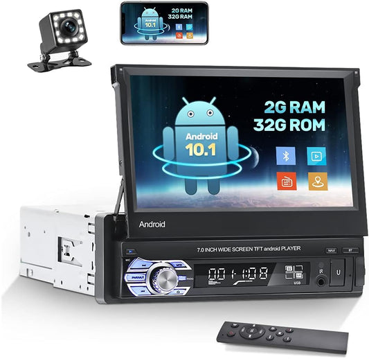 [2G+32G] Android Single Din Car Stereo with Backup Camera 7 Inch Touch Screen Flip Out Retractable Bluetooth Car Radio
