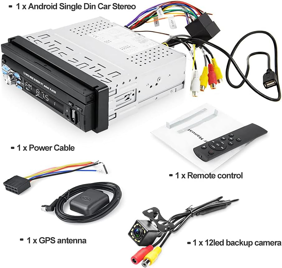 [2G+32G] Android Single Din Car Stereo with Backup Camera 7 Inch Touch Screen Flip Out Retractable Bluetooth Car Radio