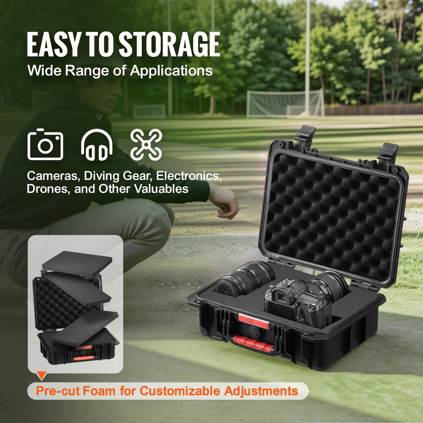 VEVOR 0.56 Cu.Ft Weatherproof Hard Case with Handle Clips Padlock Holes PU Foam Protect Pistol, Microphone, and Camera Equipment