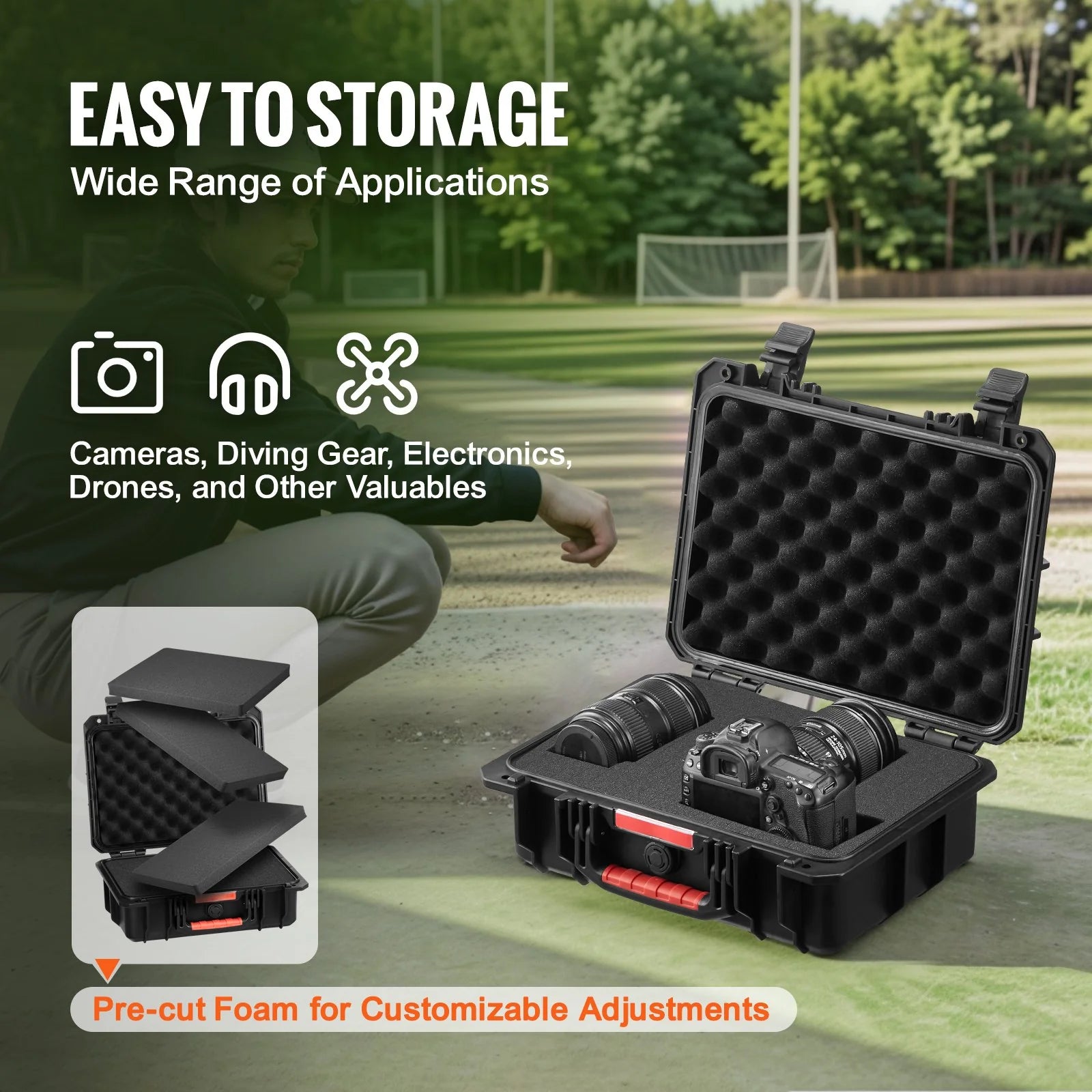 VEVOR 0.56 Cu.Ft Weatherproof Hard Case with Handle Clips Padlock Holes PU Foam Protect Pistol, Microphone, and Camera Equipment