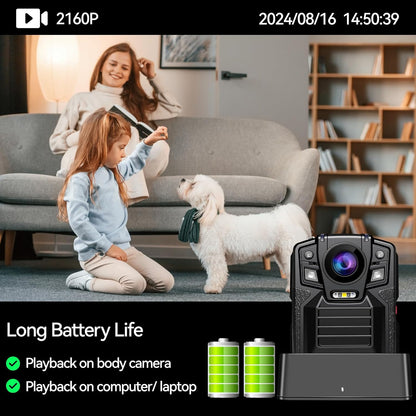 V8-1TB 4K Body Camera with Audio and Video Recording, 2160P Body Cam Two Battery 4400Mah Work 14H, H.265 Video Recorder, IP68 Waterproof, Night Vision Police Body Camera with Charging Dock