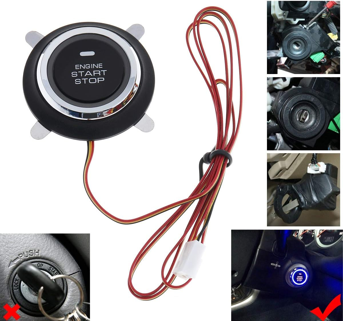 Car RFID Push to Start Ignition Kit, Keyless Go Engine Start Stop Button System with Leather Key, Anti-Thief Double Layer Start Protection for Most DC12V Cars