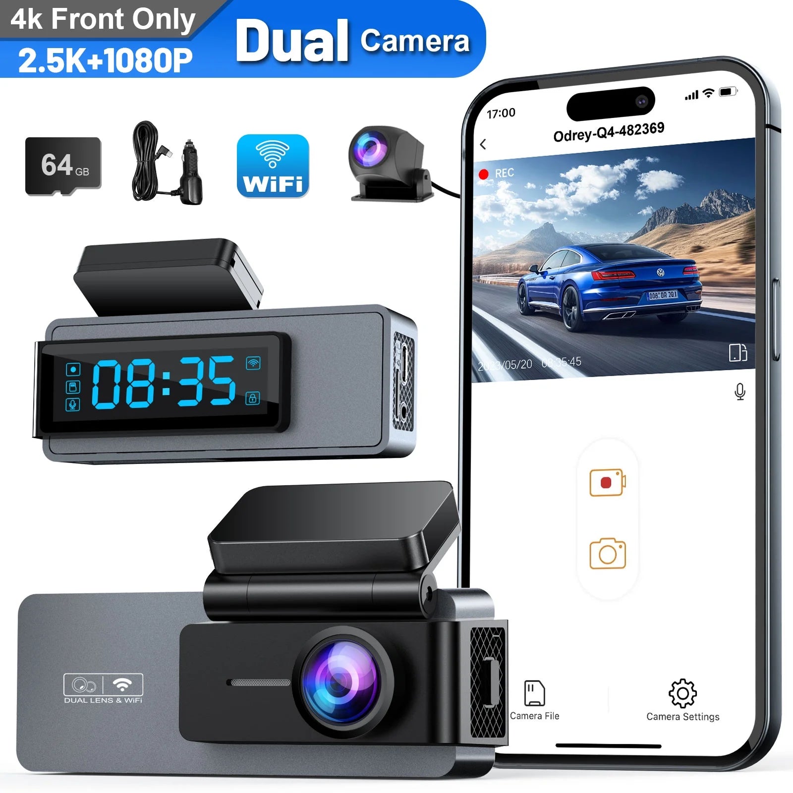 Dash Cam Front and Rear, 2.5K+1080P WDR Dash Camera for Cars, 4K Single Front Built-In Wifi Car Camera with G-Sensor, Super Night Vision, 64GB Card, Loop Recording, Parking Mode