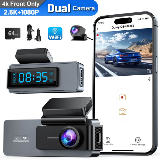 Dash Cam Front and Rear, 2.5K+1080P WDR Dash Camera for Cars, 4K Single Front Built-In Wifi Car Camera with G-Sensor, Super Night Vision, 64GB Card, Loop Recording, Parking Mode