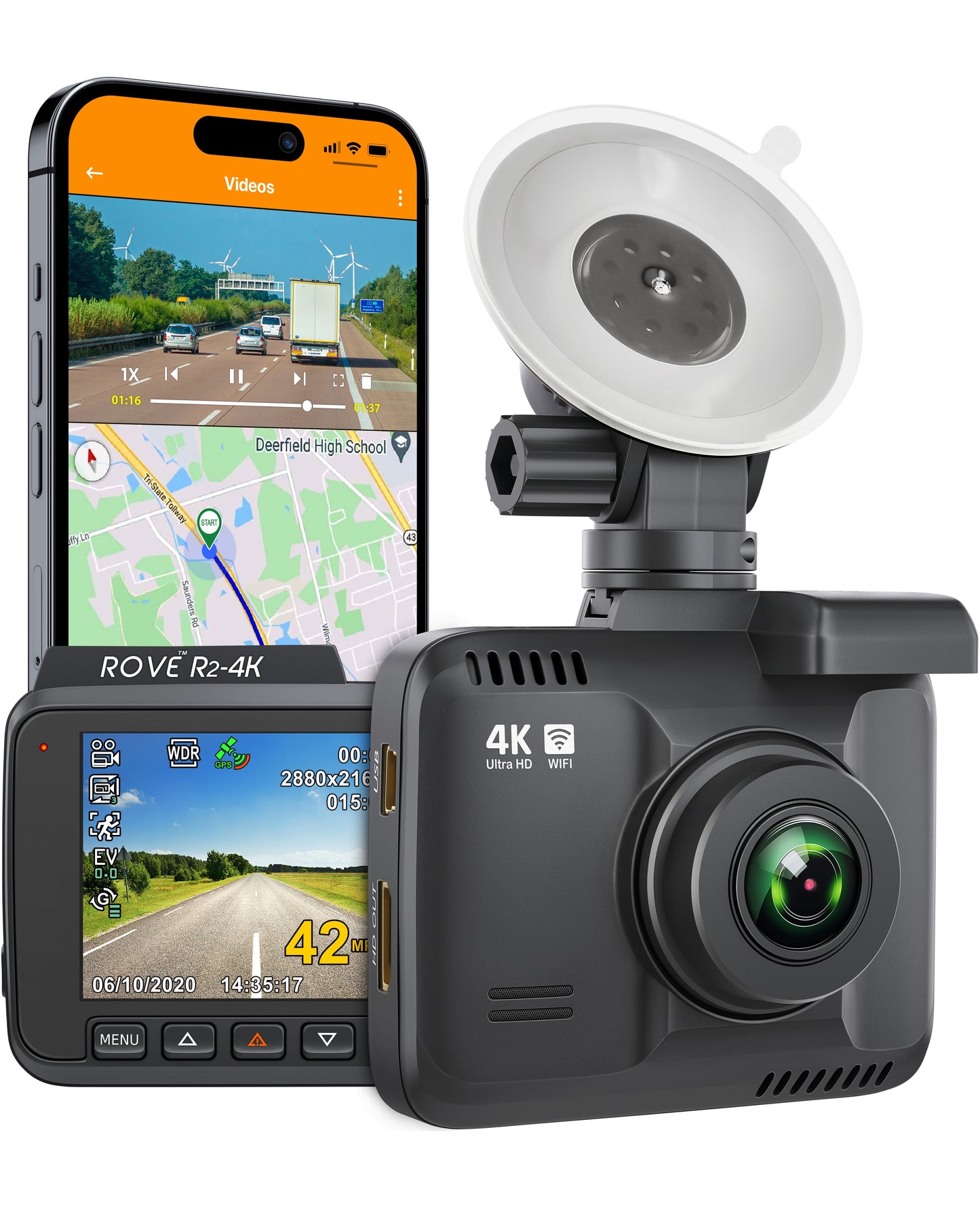 R2-4K Car Dash Cam - UHD 2160P Dashboard Camera with Built-In WiFi, GPS, 2.4" LCD Display, 150° Wide Angle, WDR, and Night Vision
