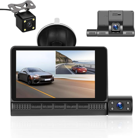 4'' Touch Screen 1080P 3 Channel Dash Cam Front Rear and inside Three Way Triple Dash Camera Recorder for Cars IR Night Vision G-Sensor Loop Recording DVR