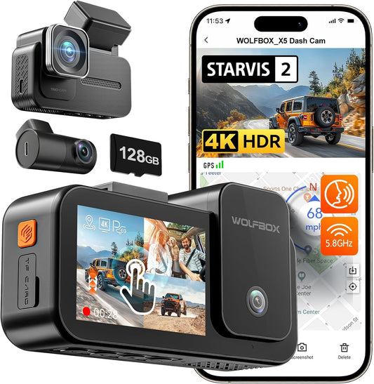 X5 3 Channel 4K Dash Cam, STARVIS 2 IMX678,4K+2.5K+1080P Front and Rear inside Triple Car Camera, Included 128GB Card, Voice Control, 5.8Ghz Wifi GPS, Touch Screen, Support 512GB Max