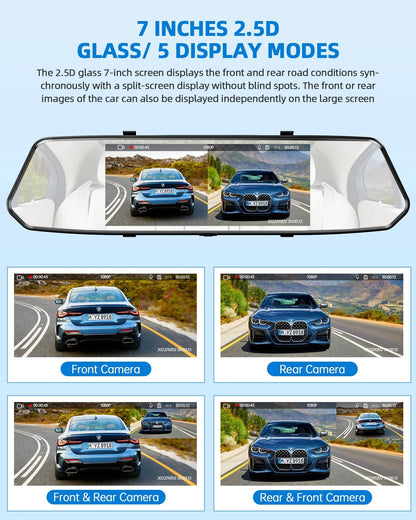 1080P Dual Lens Mirror Dash Cam 7 Inch IPS Touch Screen, Front Car Driving Recorder Camera and Rear View Waterproof Backup Camera 170°Wide Angle with G-Sensor