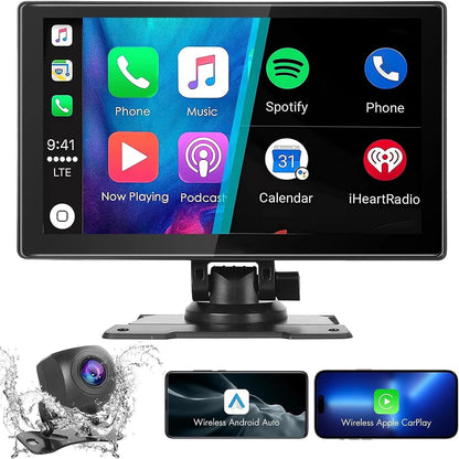 Portable Car Stereo, Wireless Apple Carplay&Android Auto, 9 Inch FHD Touchscreen Car Audio Receivers Bluetooth, Backup Camera, Voice Control, GPS Navi, Mirror Link, FM, AUX/USB/TF