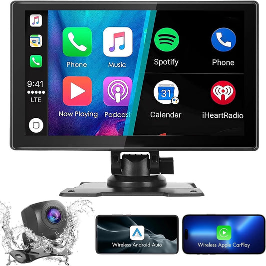 Portable Car Stereo, Wireless Apple Carplay&Android Auto, 9 Inch FHD Touchscreen Car Audio Receivers Bluetooth, Backup Camera, Voice Control, GPS Navi, Mirror Link, FM, AUX/USB/TF