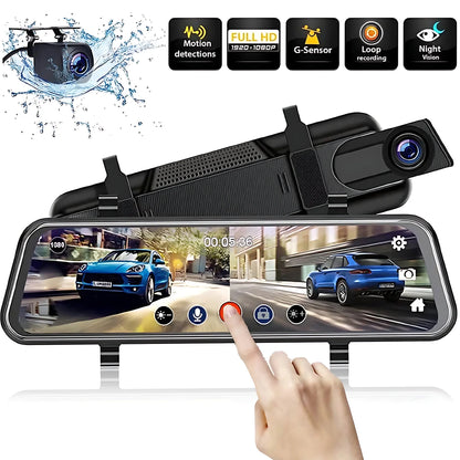 IFCOW 10" 1080P Mirror Dash Cam,Full Touch Screen Backup Camera Front and Rear View Parking Monitor with Super Night Vision, Motion Detection, Loop Recording 24H Parking Mode,Easy to Install